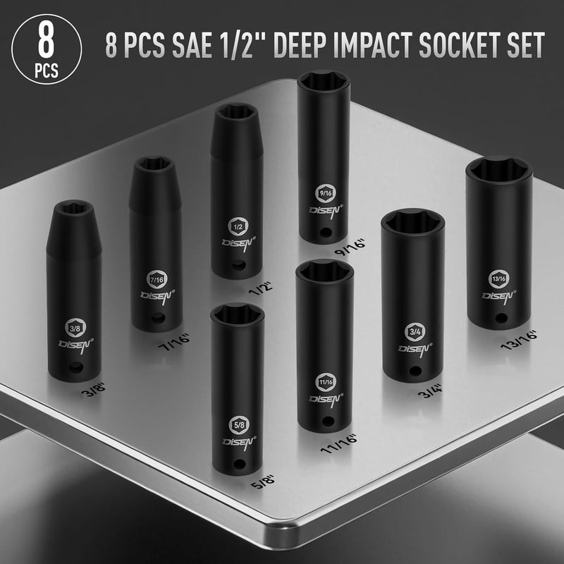 DISEN 8 Pcs 1/2" SAE Impact Socket Set, Deep Sockets 3/8"- 13/16", 6-Point Cr-V & Alloy Steel, 1/2 Inches Drive Impact Socket Set,Rugged Construction, Enhanced Storage Case - Image 3